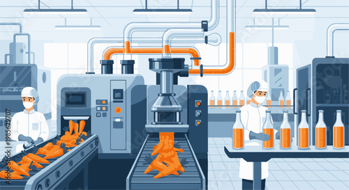 Food processing factory interior showing workers and automated machinery