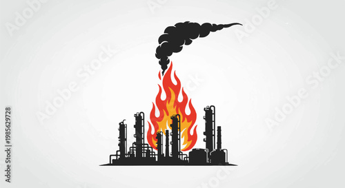 Industrial refinery on fire, spewing dark smoke into the sky