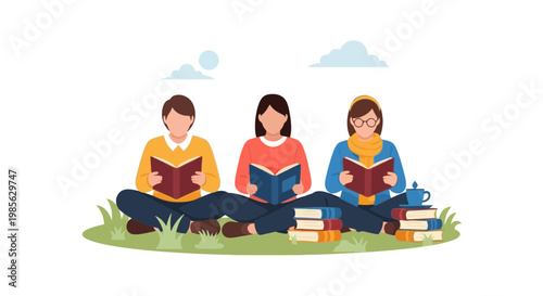 Children Reading Books Outdoors in a Natural Setting