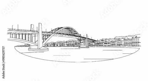 Line drawing of a bridge over a river with buildings lining the far bank