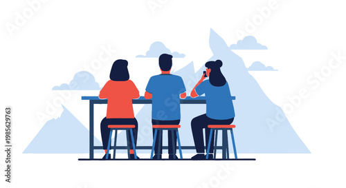 Group of Three People Sitting at a Table with Scenic Mountain Background