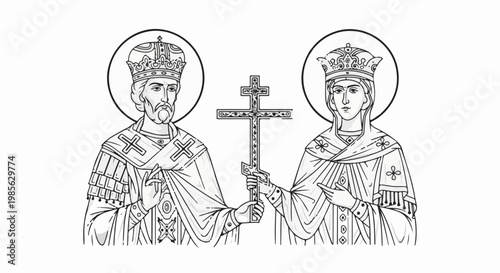 Orthodox Christian figures with halos holding a cross