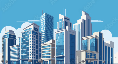 Pixel art cityscape with modern skyscrapers under a bright blue sky and clouds