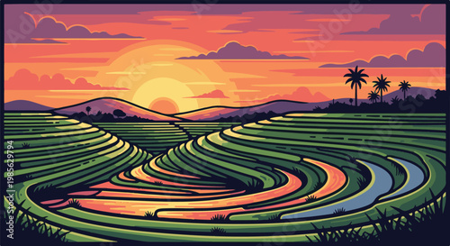 Pixelated rice terraces at sunset with palm trees and rolling hills