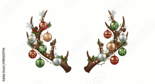 Pixelated reindeer antlers decorated with Christmas ornaments and lights