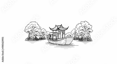 Sketch of a boat with a pagoda-style house on water surrounded by trees