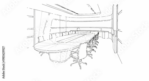 Sketch of a modern boardroom with an oval table and chairs