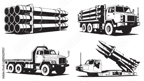 Black and White Line Art of Military Trucks and Missile Launchers