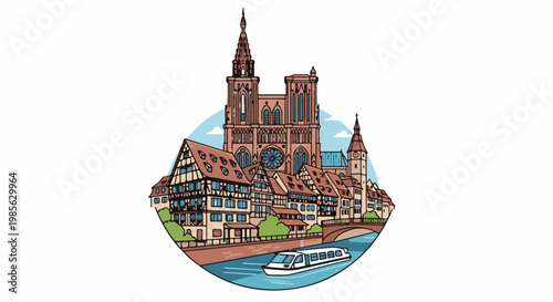 Stylized European cityscape with river, boat, and historic buildings