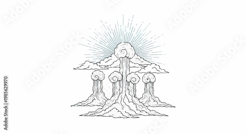 Stylized clouds with radiating lines suggesting light or energy
