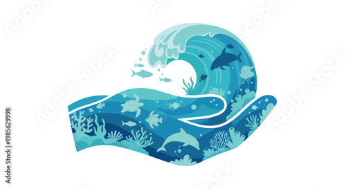 Abstract ocean wave design with swirling water and marine elements in shades of blue and white