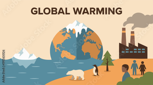 Global Warming Concept with Melting Earth, Pollution and Wildlife