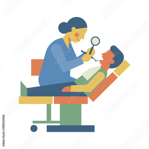 A dentist examines a patient's teeth with a mirror in a clinic