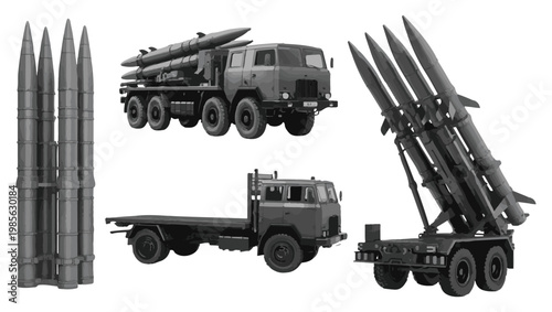Military Surface-to-Air Missile System and Transport Truck Illustration