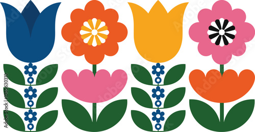 Scandinavian folk art floral pattern with colorful flowers and leaves symmetrical design decorative vector illustration in Nordic style