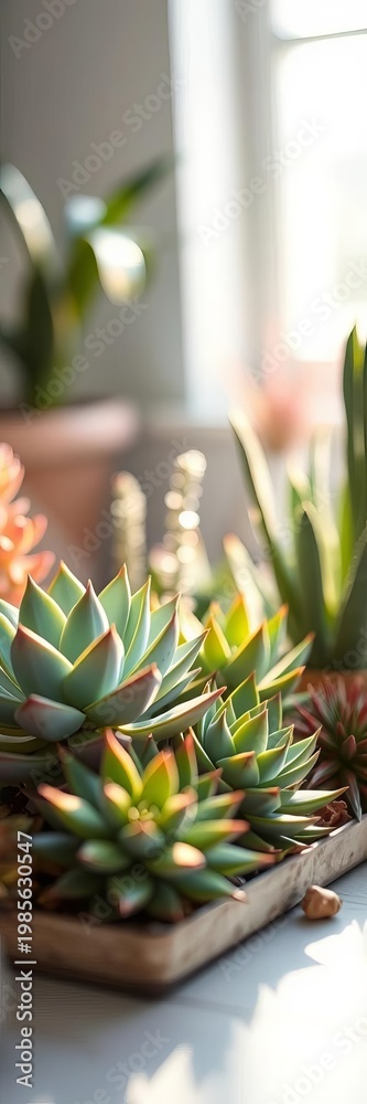 Fototapeta premium Artistic arrangement of succulents, their plump forms glowing under controlled studio illumination, studio, light