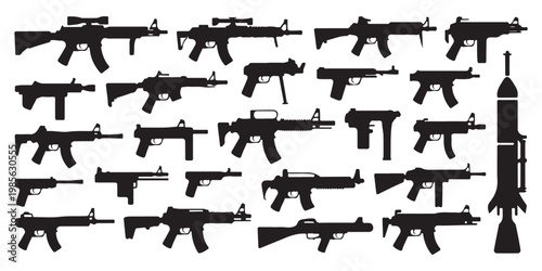 Collection of firearm silhouettes including assault rifles and handguns