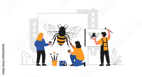 Creative Illustration of People Interacting with Oversized Bee Model