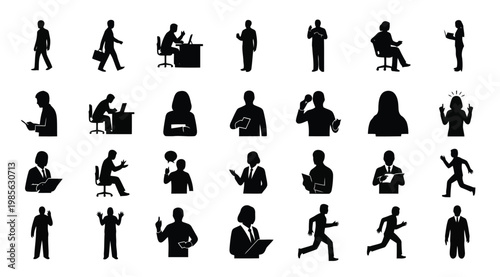 Set of business people silhouettes in various poses and activities