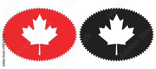 Canada Day Set of two circular serrated stamps with maple leaf center in red and black as a professional vector design for badges or labels