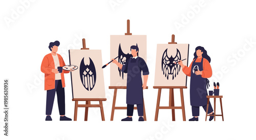 Artists Creating Spider-themed Canvas Paintings in Studio