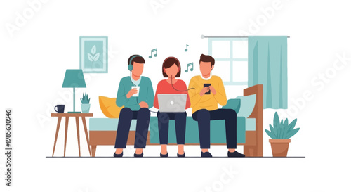 Young People Sharing Music and Laptops on Couch in Modern Living Room
