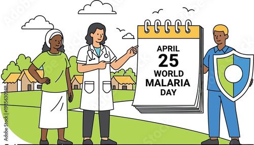World Malaria Day Awareness Illustration with Healthcare Workers and Calendar