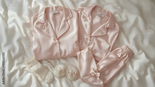Pink satin pajamas with an eyeshade and hosiery on white linens. Luxury nightwear.
