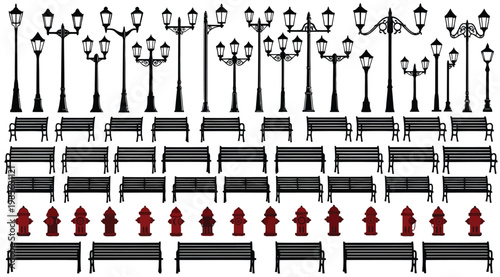 Collection of street furniture including vintage street lamps, park benches, and fire hydrants