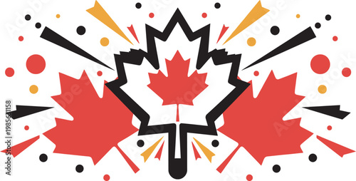 Canada Day Explosive Canada Day vector graphic with central maple leaf and dynamic confetti design elements in red orange and black colors