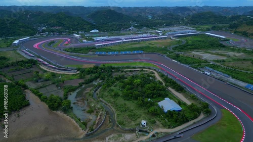 Motorcycle racing Mandalika Street Circuit Lombok. Nice aerial view drone