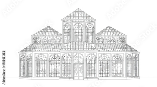 Architectural sketch of a large victorian style glass conservatory or greenhouse