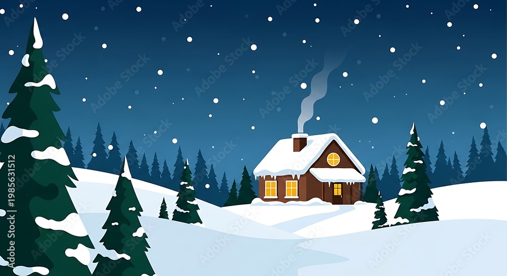 Naklejka premium Cozy winter cabin scene with snowfall and illuminated windows