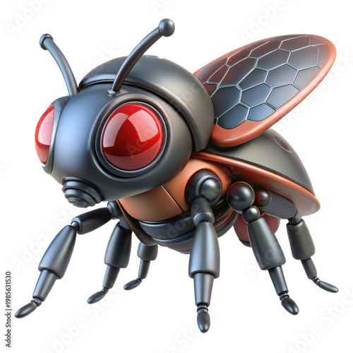 A stylized cartoon beetle with glowing red eyes and metallic exoskeleton isolated on transparent background