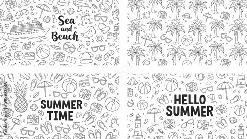 Bundle Of Hand Drawn Summer Seamless Patterns And Doodle Graphics Featuring Tropical Palm Trees Cruise Ship Lighthouse Pineapple And Beach Elements For Creative Seasonal Designs