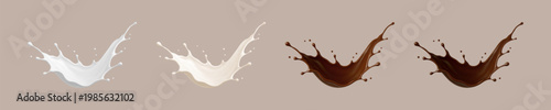 Milk and chocolate splashes. Melted brown choco and milk splash with drops. Realistic vector illustration