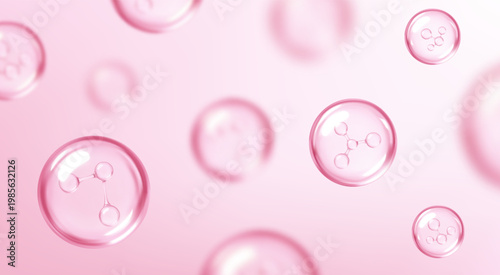 Molecules inside bubbles on pink background. Cosmetic moisturizer water molecule. Cosmetic essence. Concept skin care cosmetics solution. Vector illustration