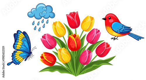 A colorful bird and butterfly interact near a vibrant bouquet of tulips under a rainy cloud.