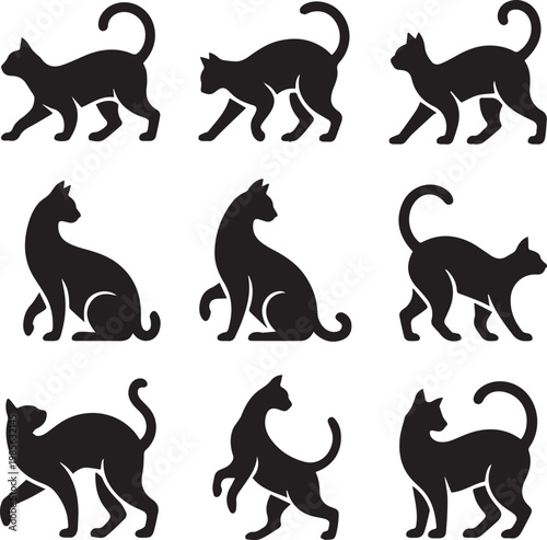 Elegant Cat Silhouettes Set, Minimalist Black Feline Vector Icons in Various Poses