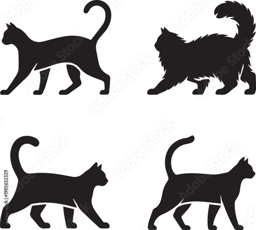 Set of Elegant Cat Silhouettes, Minimalist Feline Vector Icons for Design