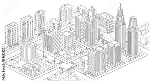 Isometric city skyline line art illustration urban landscape with skyscrapers, buildings, streets, parks, and trees in outline style for architectural planning and urban development concepts