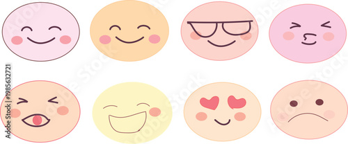  collection of pastel-colored emoticons illustrating various facial expressions and emotions.
