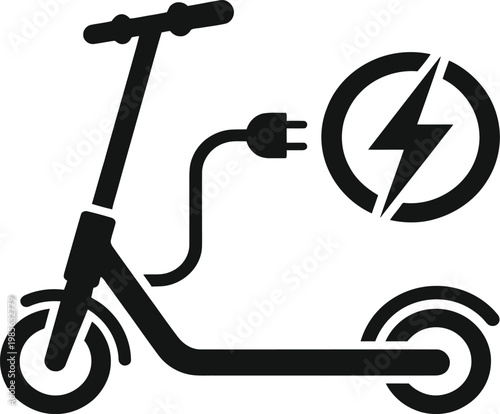 Bold black silhouette of electric scooter with charging plug icon and lightning energy emblem for urban transport vector.