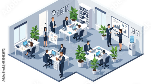 Isometric office interior with business people working at desks and collaborating