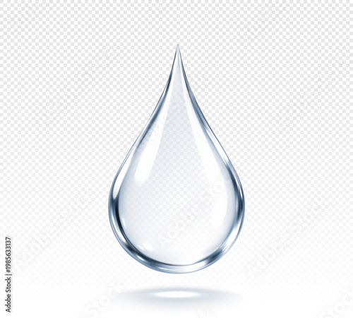 Realistic transparent water drop. Collagen and hyaluronic acid hydration concept. Clear liquid droplet. Cosmetic serum. Vector illustration