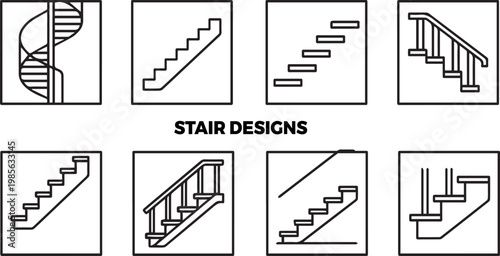 Minimalist stair designs icon set, 8 architectural staircase vector symbols, modern interior stairs with handrails and spiral steps