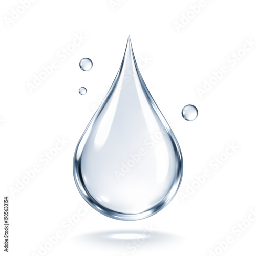 Realistic water drop with bubbles. Collagen and hyaluronic acid hydration concept. Clear liquid droplet. Cosmetic serum. Vector illustration