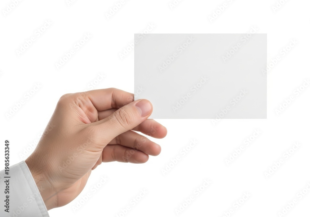 Obraz premium A hand holding a blank white card against a white background