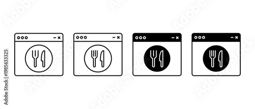Online food order icon set. Food, plate, fork, knife, spoon symbol
