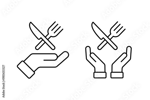 Hand holding fork and knife icon set. Catering restaurant service symbol